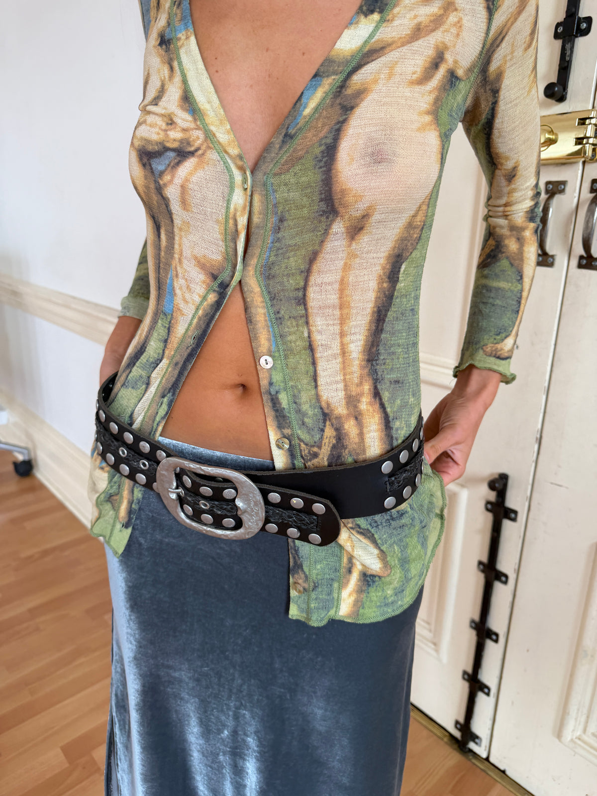Jean Paul Gaultier Femme Three Graces Print Mesh Cardigan