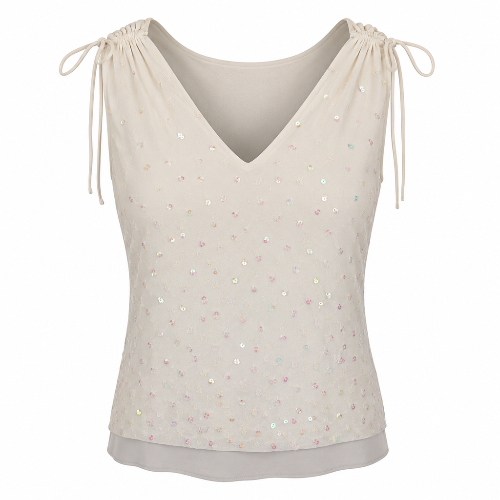 Vintage Y2K Cream Sequin Tie Strap Top (L/XL)