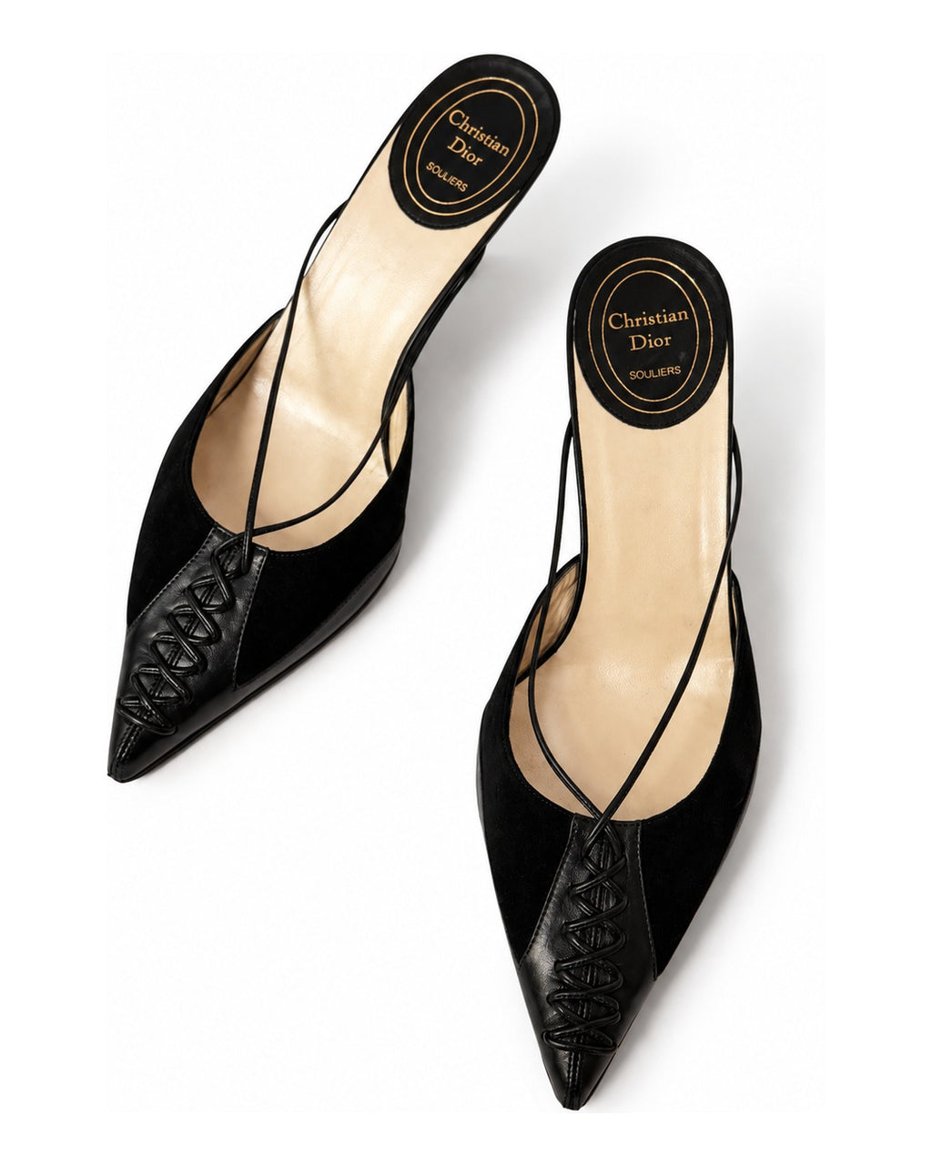 Christian Dior Souliers Black Leather Pointed-Toe Slingback Kitten Heels (38.5)