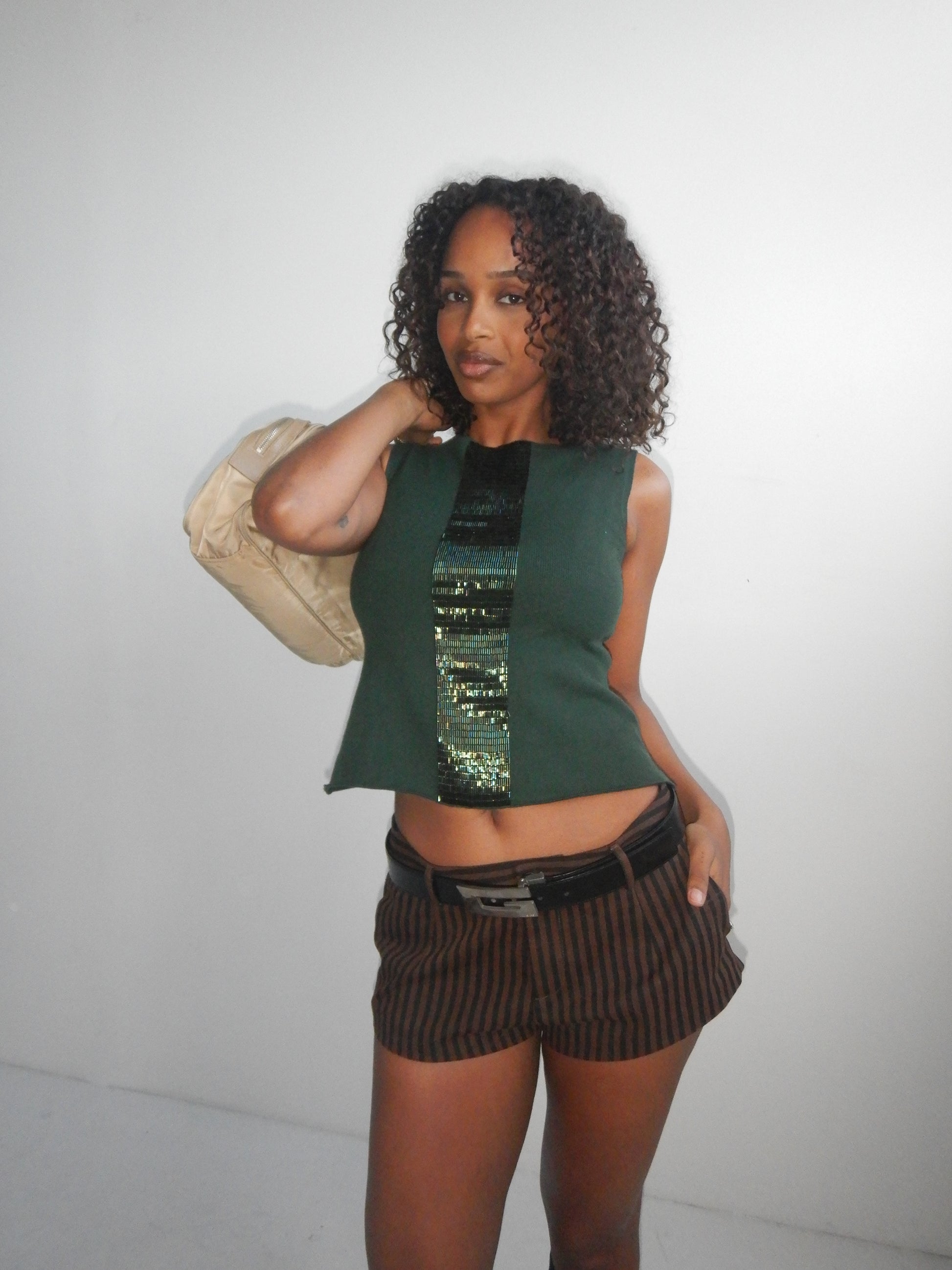 Novespazio Vintage Green Cashmere Beaded Sleeveless Knit Top (XS-M)