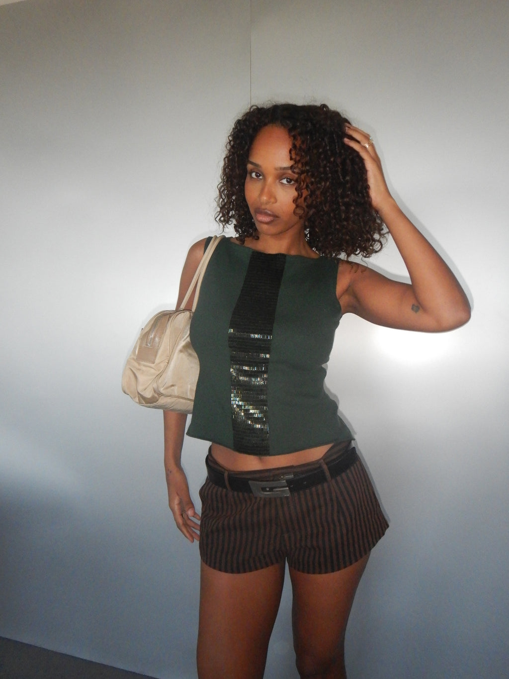 Novespazio Vintage Green Cashmere Beaded Sleeveless Knit Top (XS-M)