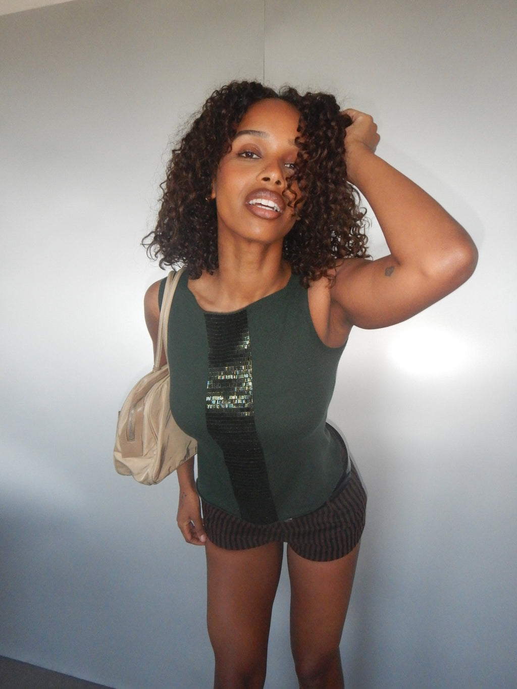 Novespazio Vintage Green Cashmere Beaded Sleeveless Knit Top (XS-M)