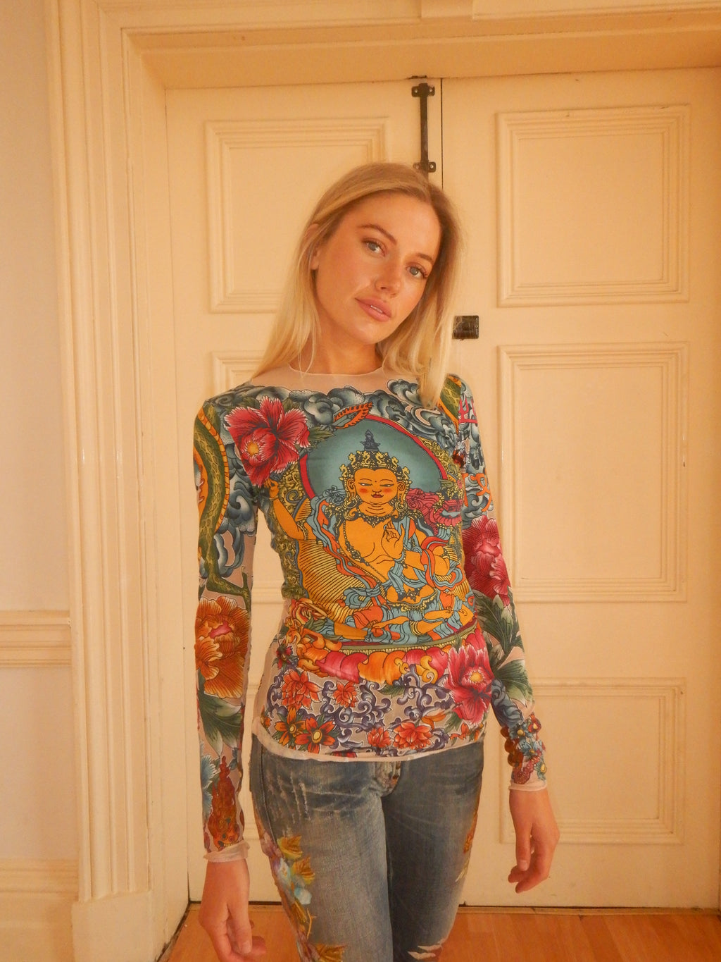John Galliano SS06 Manjushri and Om Tattoo Print Mesh Top (XS-L)