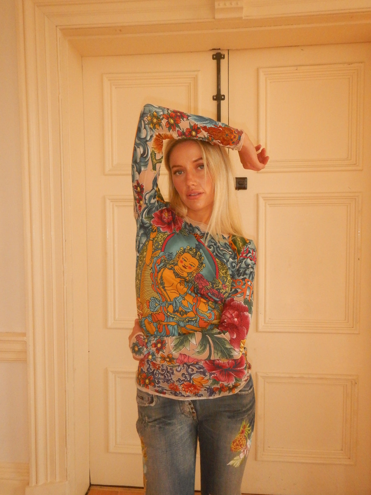 John Galliano SS06 Manjushri and Om Tattoo Print Mesh Top (XS-L)