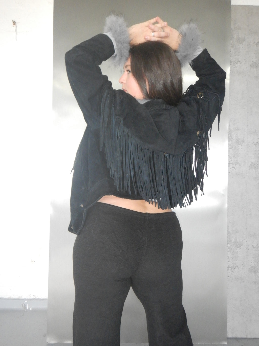 Vintage Learsi Black Suede Fringe Jacket with Silver Embellishments (XS-XL)