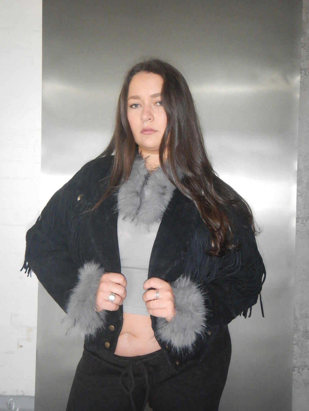 Vintage Learsi Black Suede Fringe Jacket with Silver Embellishments (XS-XL)