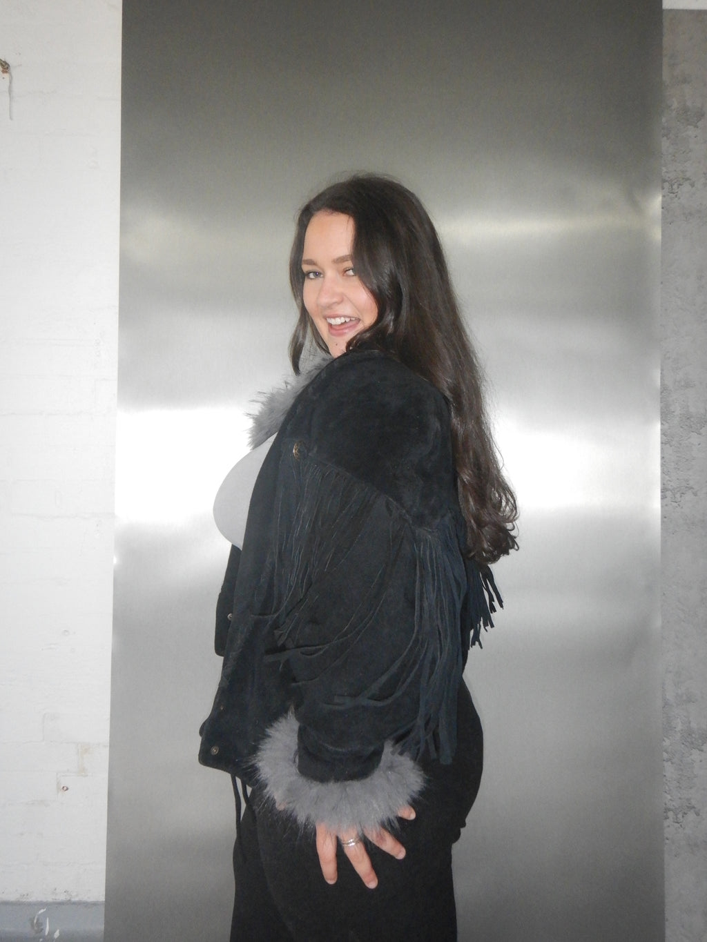 Vintage Learsi Black Suede Fringe Jacket with Silver Embellishments (XS-XL)
