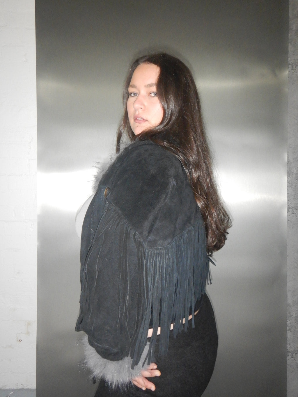 Vintage Learsi Black Suede Fringe Jacket with Silver Embellishments (XS-XL)
