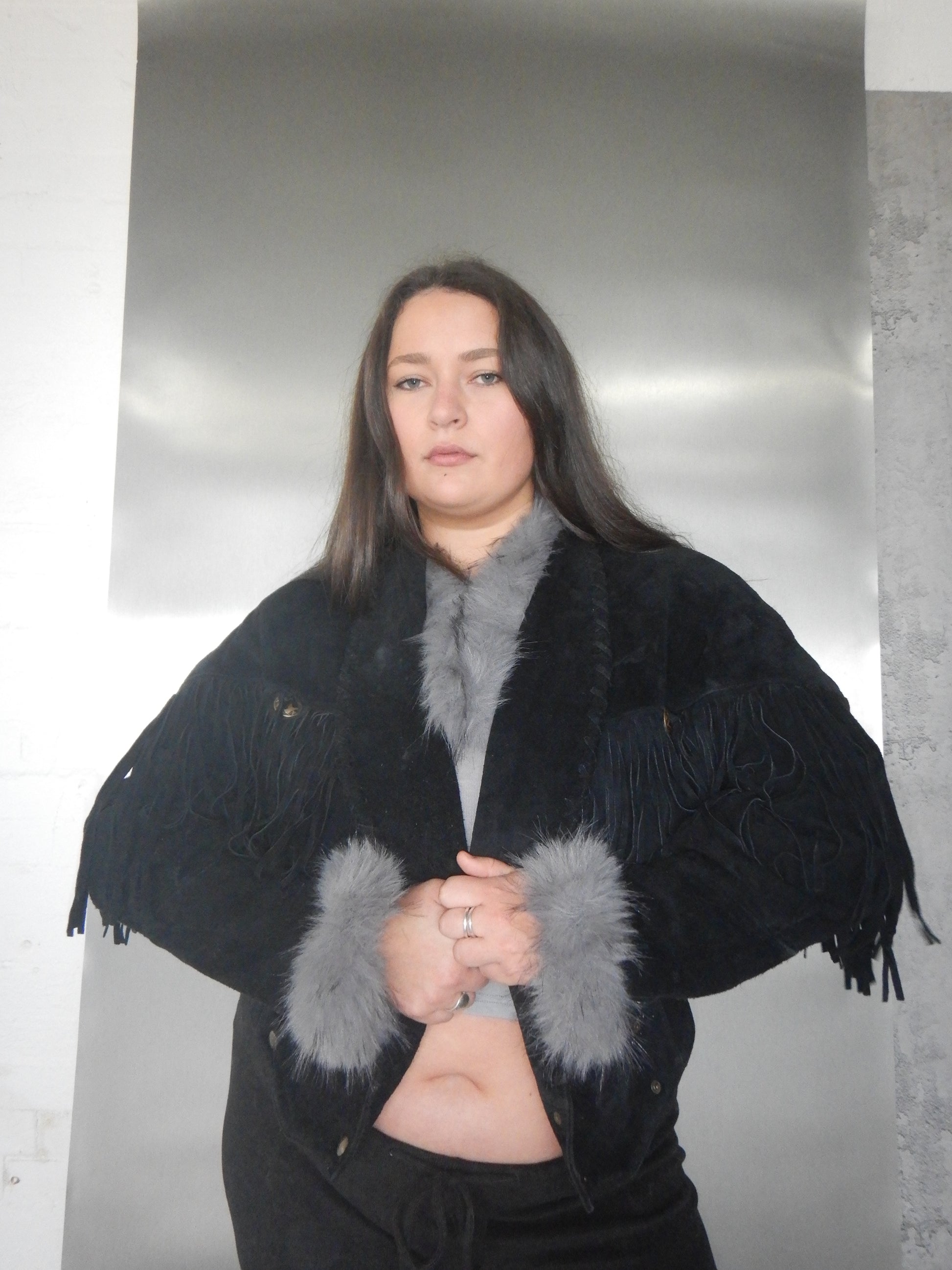 Vintage Learsi Black Suede Fringe Jacket with Silver Embellishments (XS-XL)