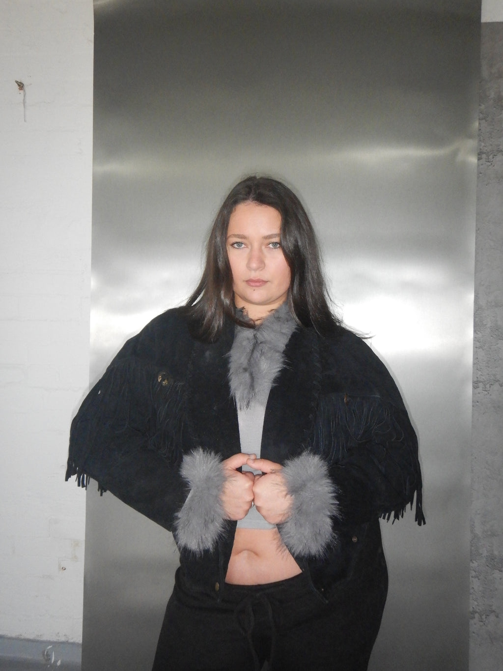 Vintage Learsi Black Suede Fringe Jacket with Silver Embellishments (XS-XL)
