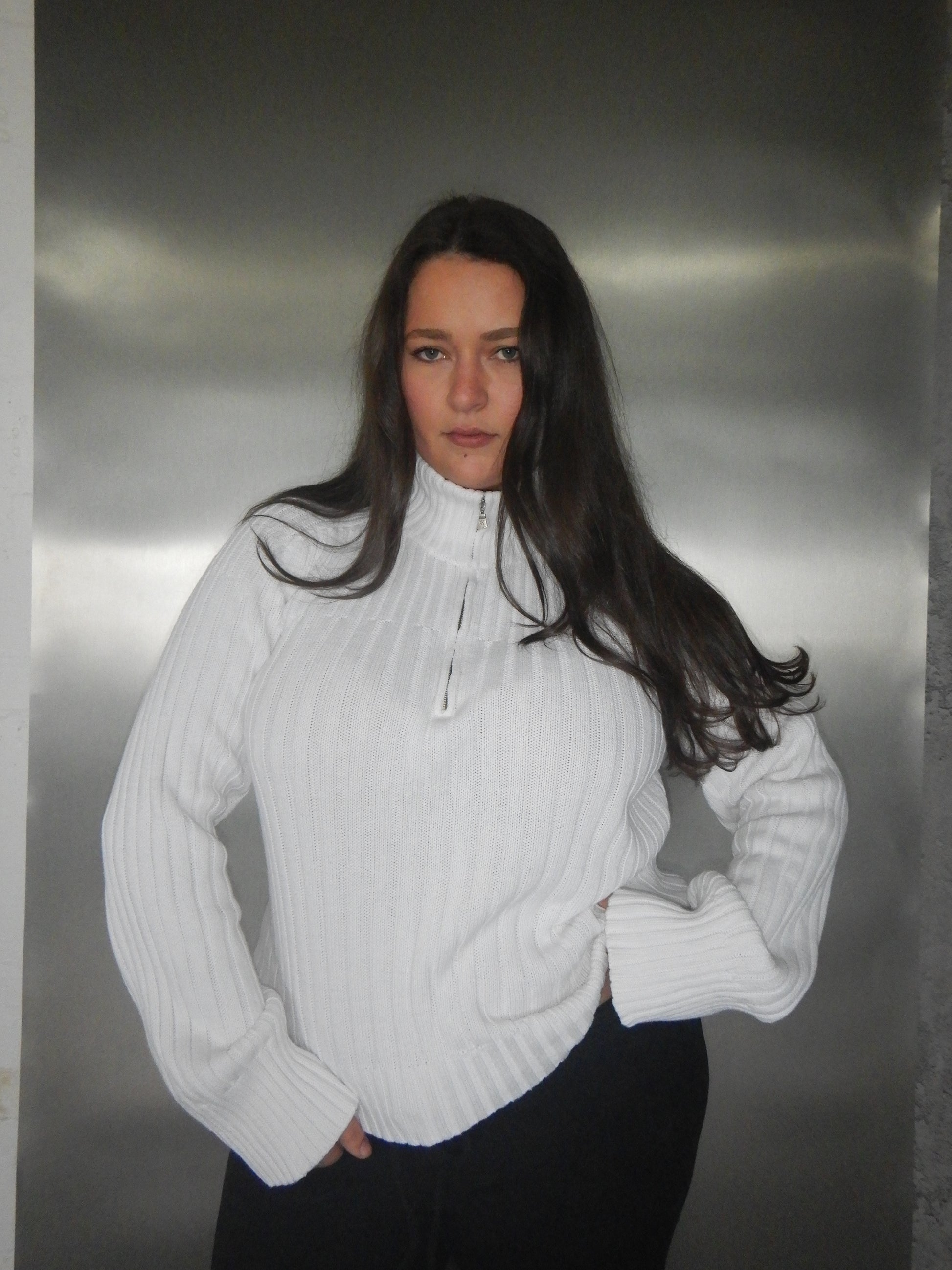 Vintage Calvin Klein White Ribbed Quarter-Zip Sweater (XL/XXL)