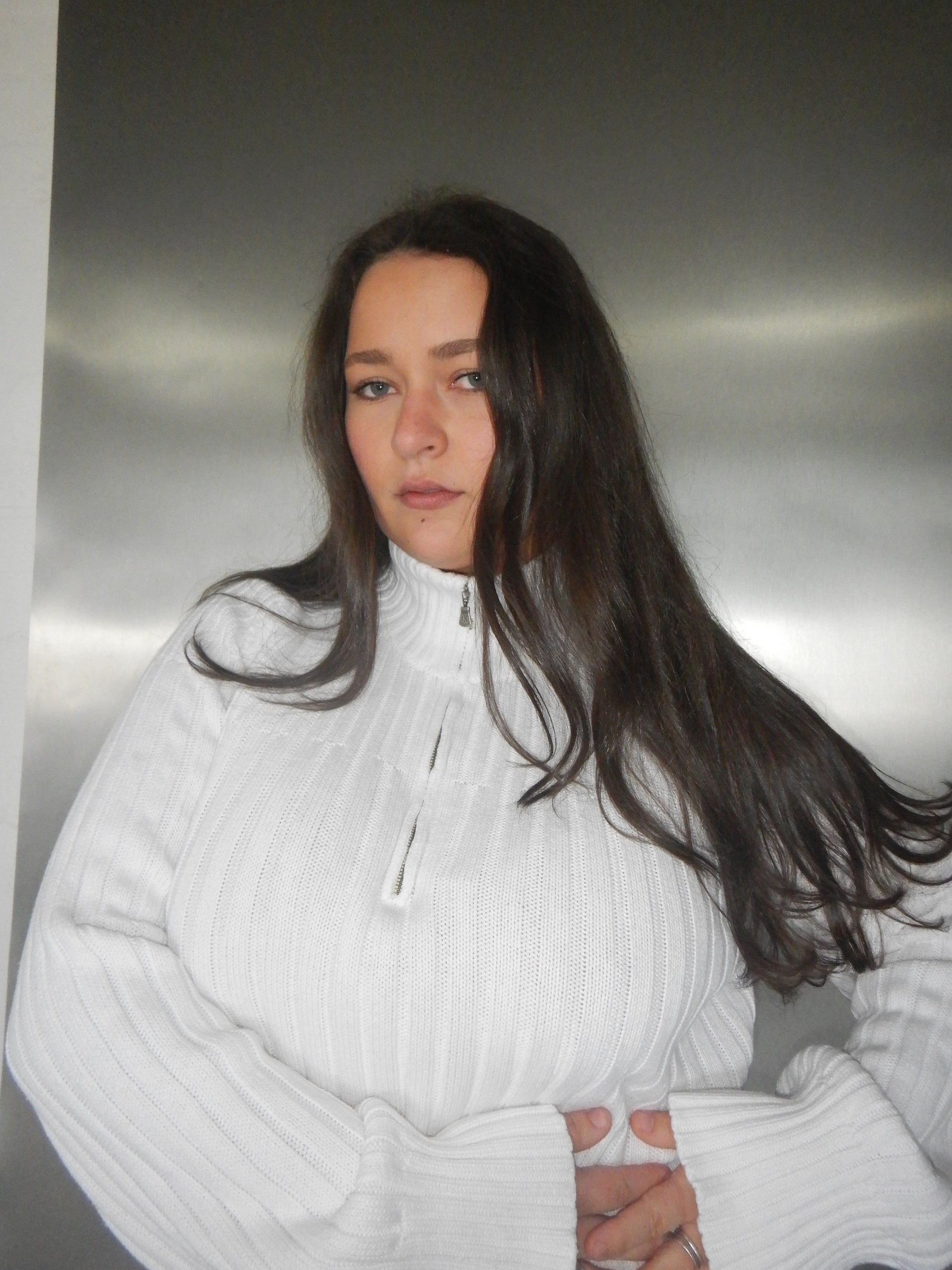 Vintage Calvin Klein White Ribbed Quarter-Zip Sweater (XL/XXL)