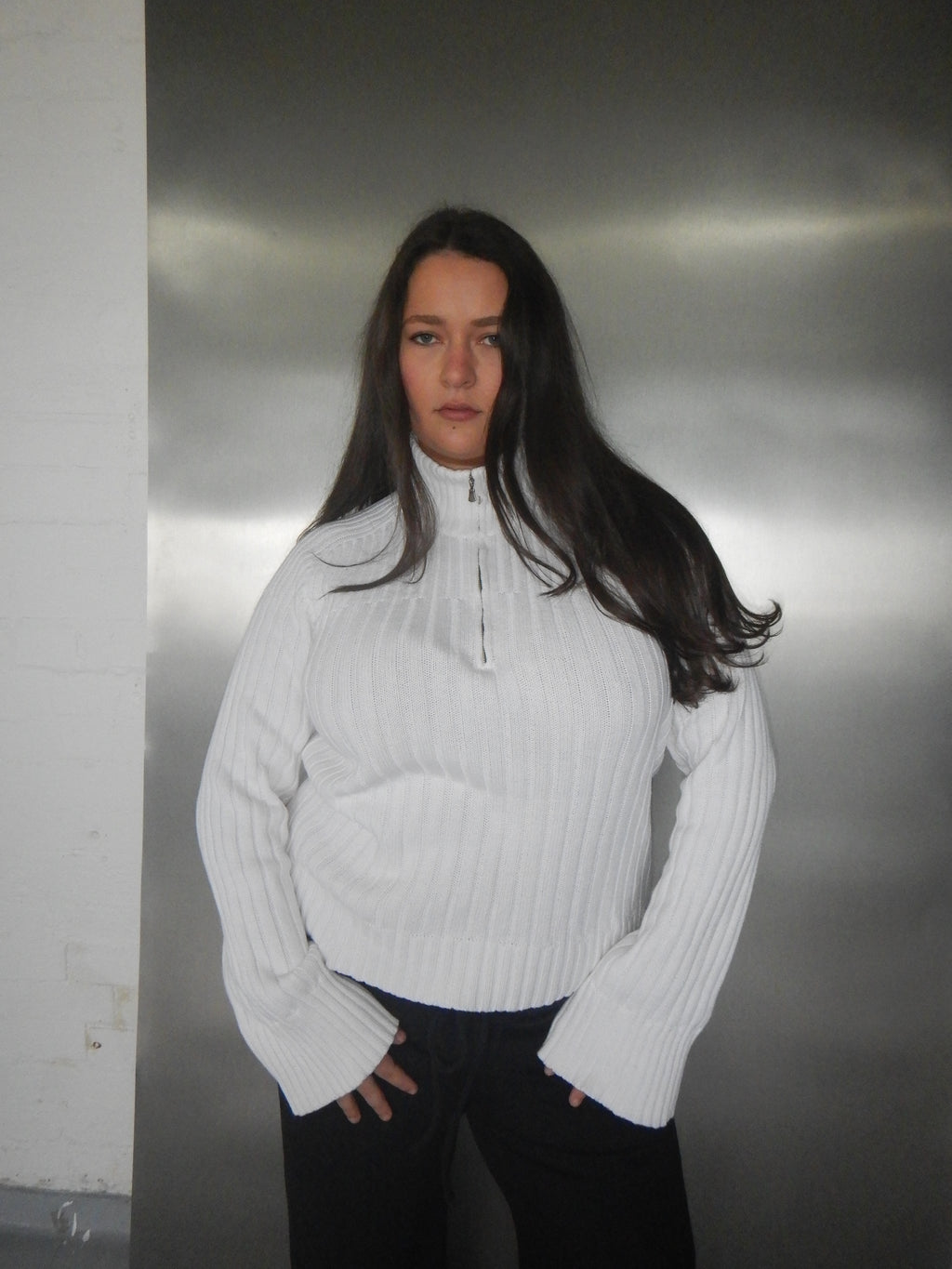 Vintage Calvin Klein White Ribbed Quarter-Zip Sweater (XL/XXL)