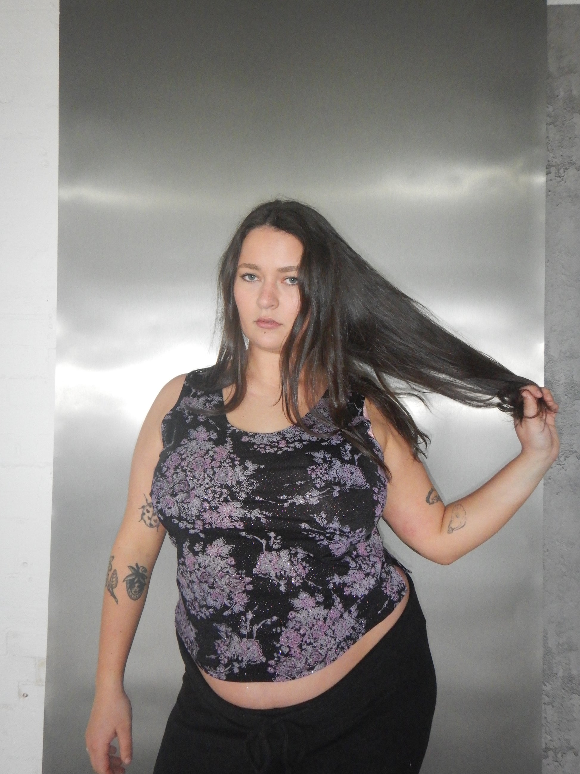 Vintage Black & Purple Glitter Floral Top (Fits XL/XXL)