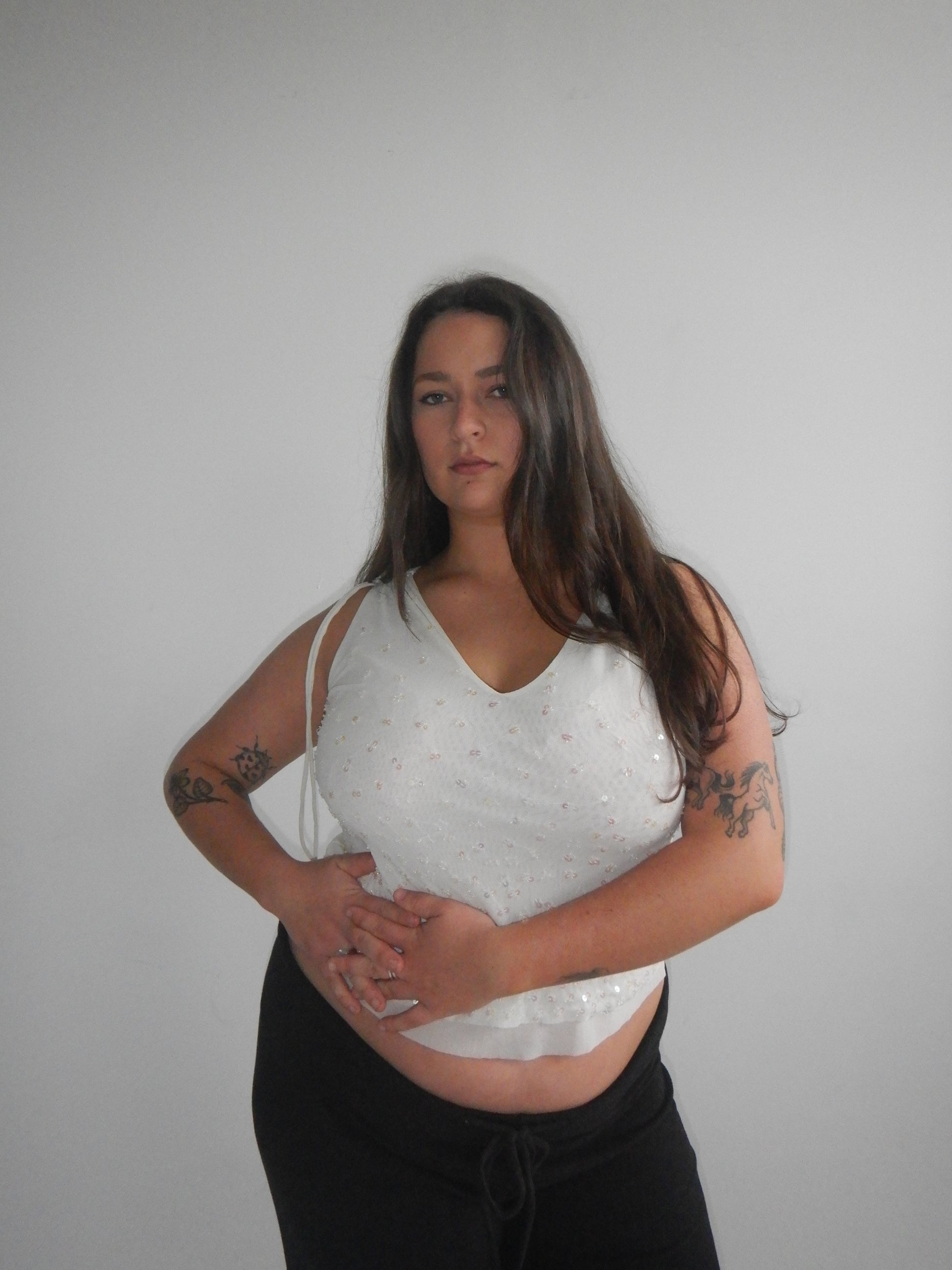 Vintage Y2K Cream Sequin Tie Strap Top (L/XL)