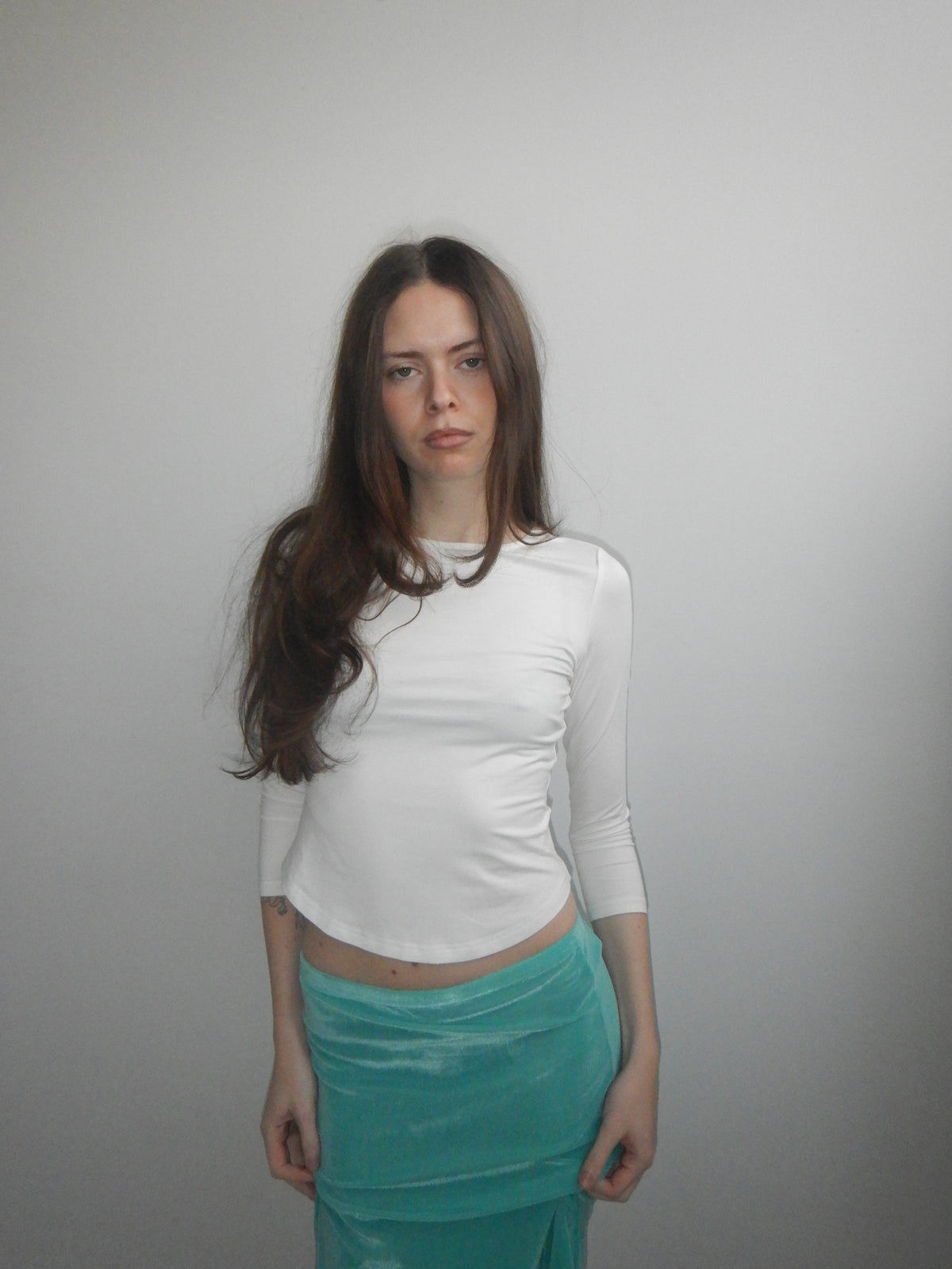 Off Duty Top in White — fitted bamboo top with curved hem, Highrack Studios