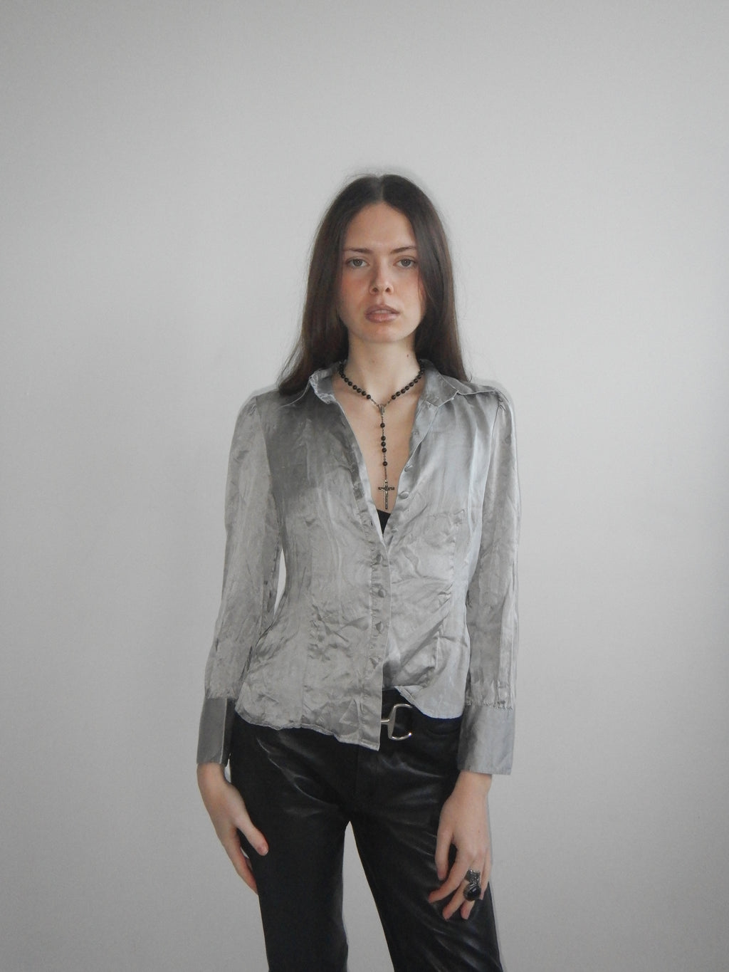 Vintage 90s Silver Grey Silk Satin Blouse (XS)