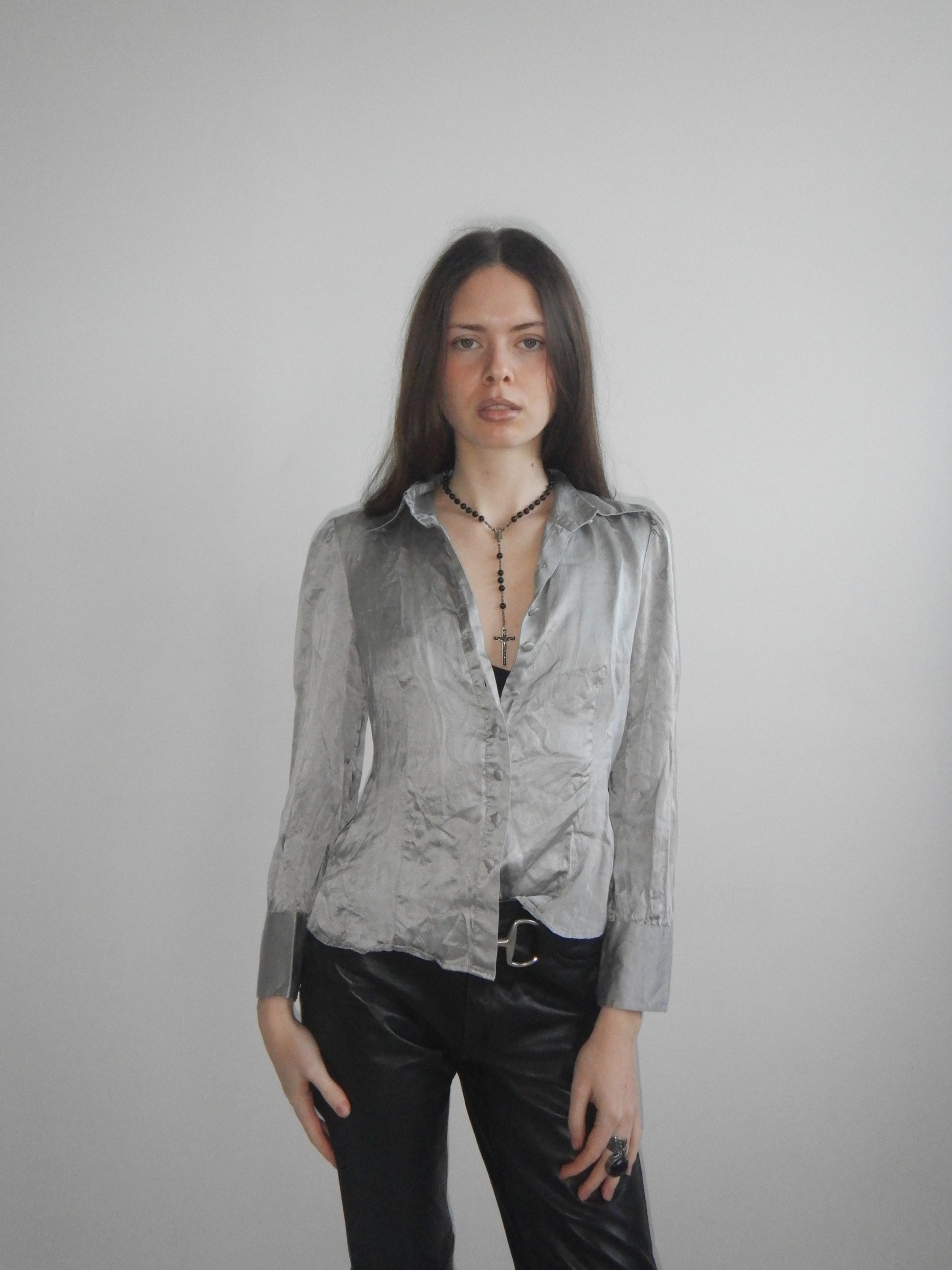 Vintage 90s Silver Grey Silk Satin Blouse (XS)