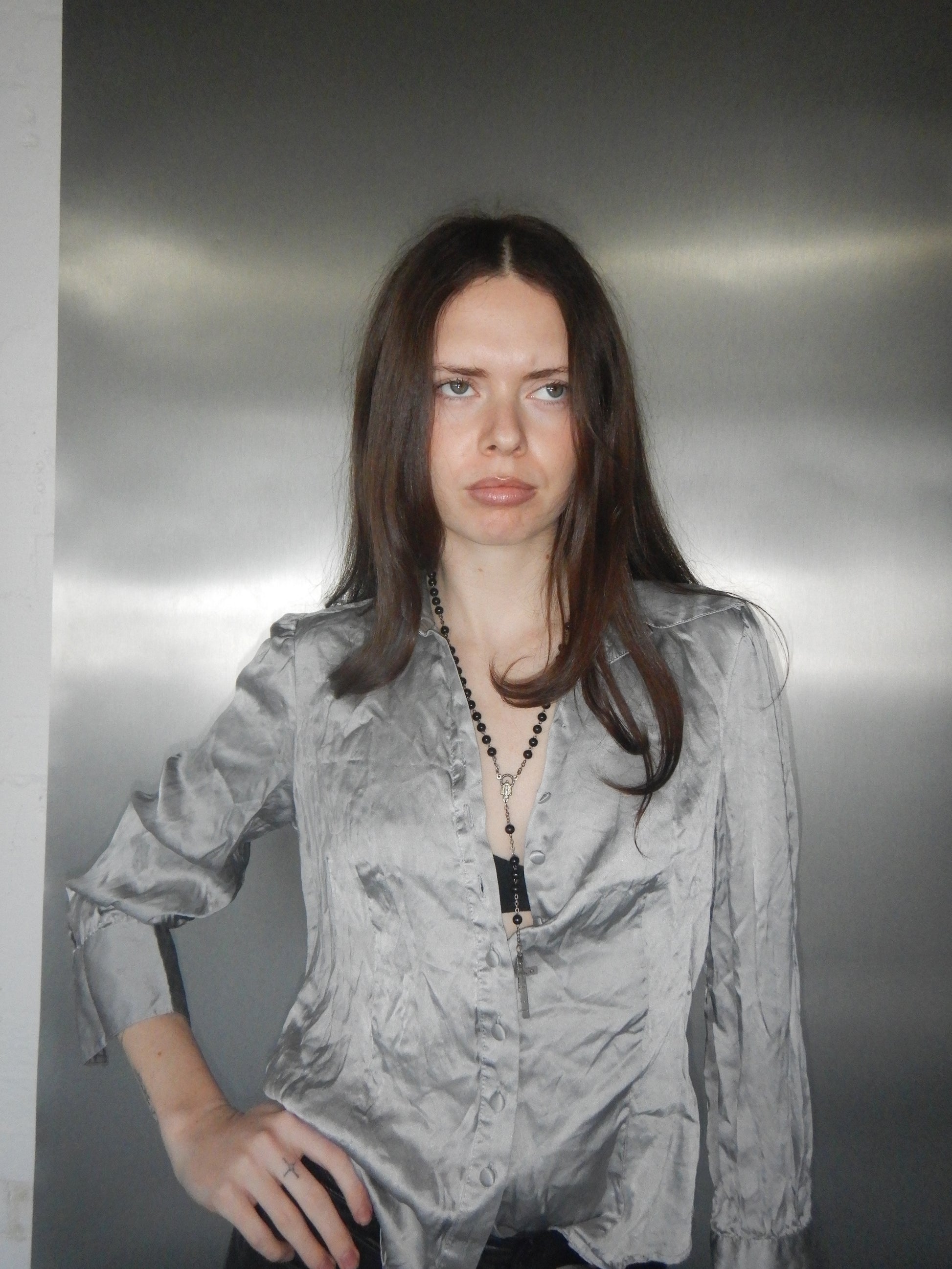 Vintage 90s Silver Grey Silk Satin Blouse (XS)