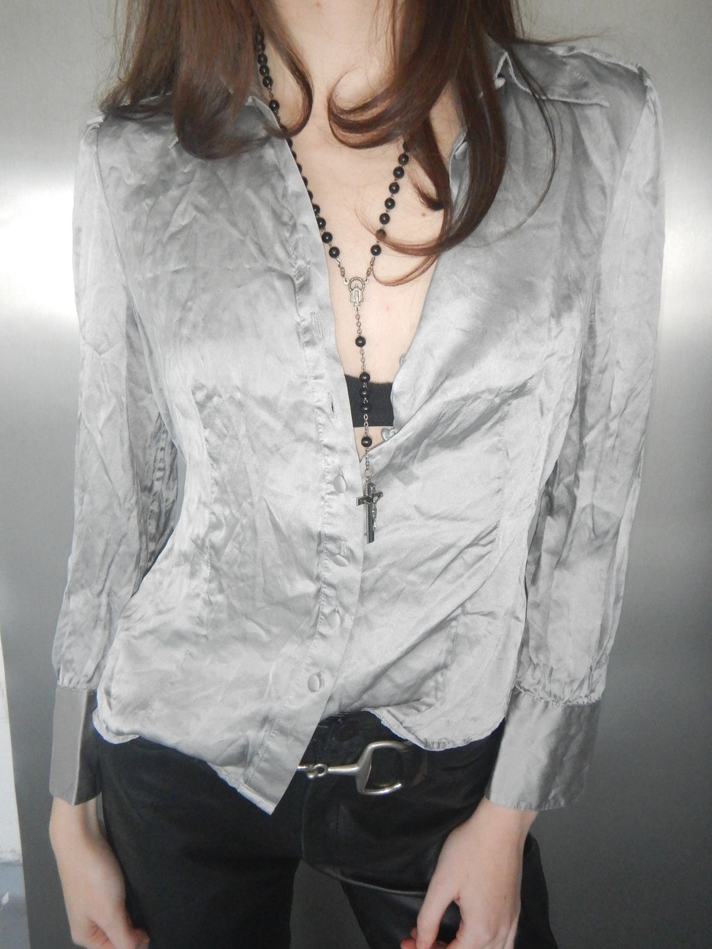 Vintage 90s Silver Grey Silk Satin Blouse (XS)
