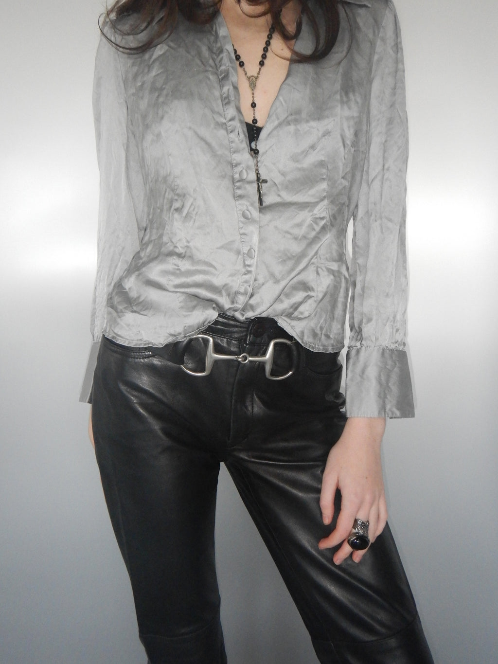 Vintage 90s Silver Grey Silk Satin Blouse (XS)