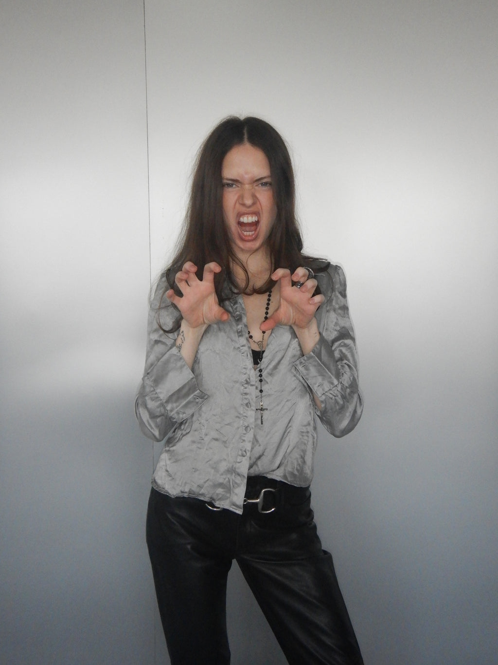Vintage 90s Silver Grey Silk Satin Blouse (XS)