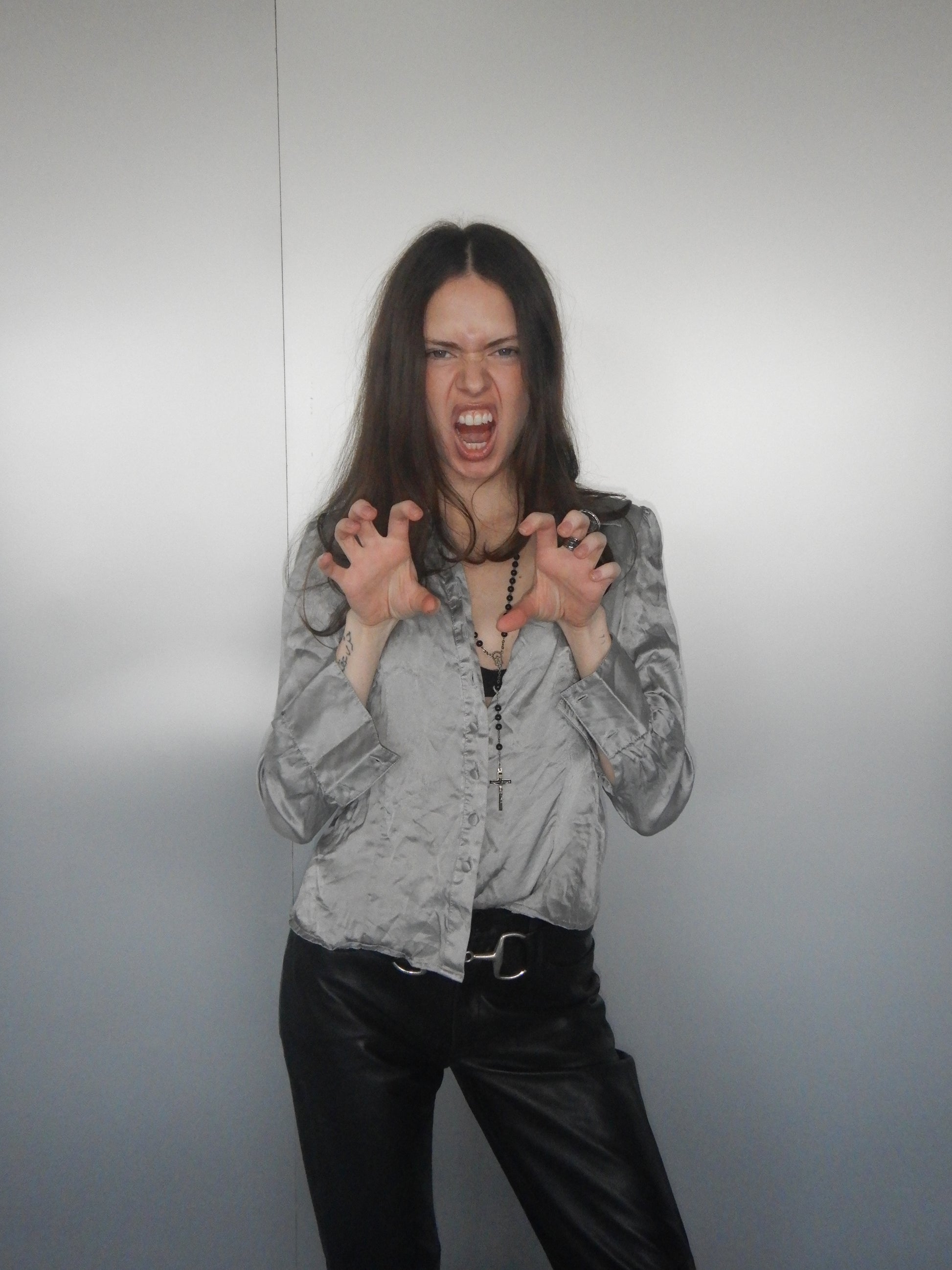 Vintage 90s Silver Grey Silk Satin Blouse (XS)