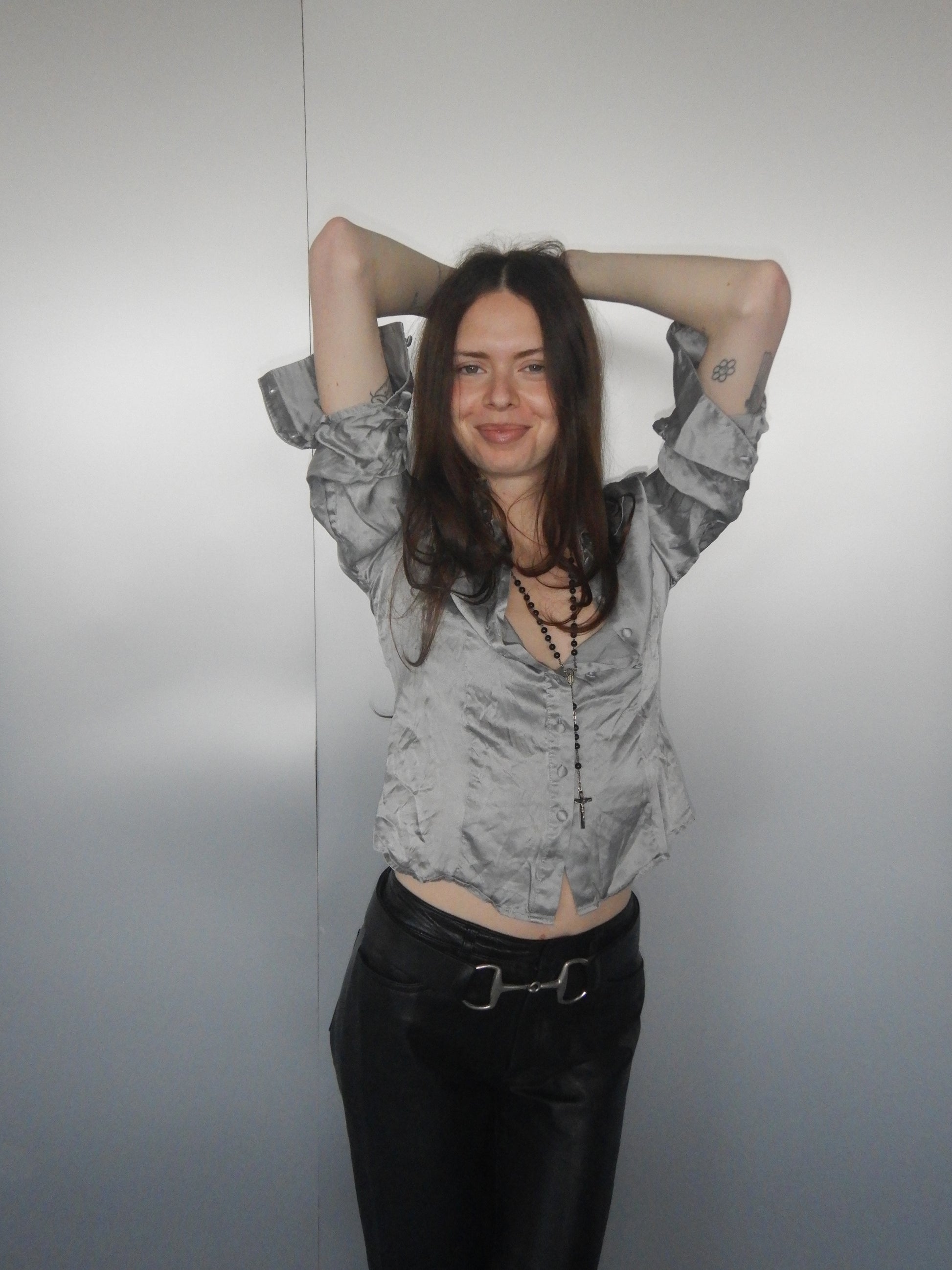 Vintage 90s Silver Grey Silk Satin Blouse (XS)