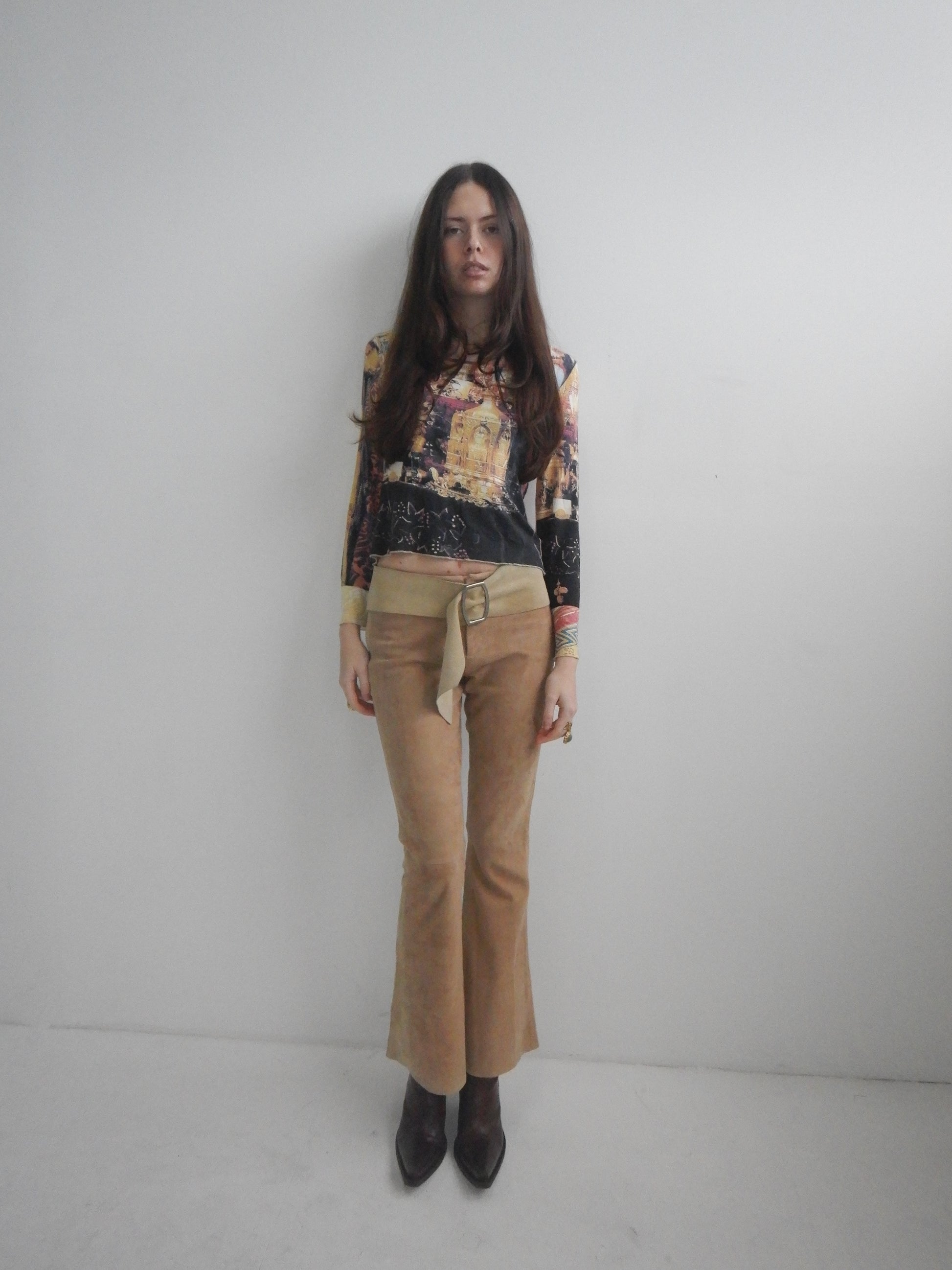 Polo Jeans Vintage Beige Suede Flare Pants (Petite XS)