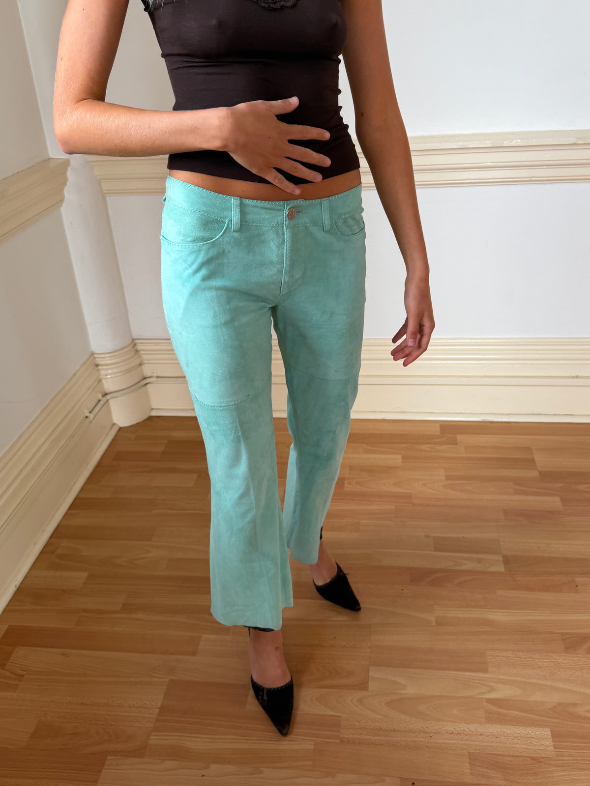 Vintage Aqua Suede Shirt & Low Waist Pants Set (XS)