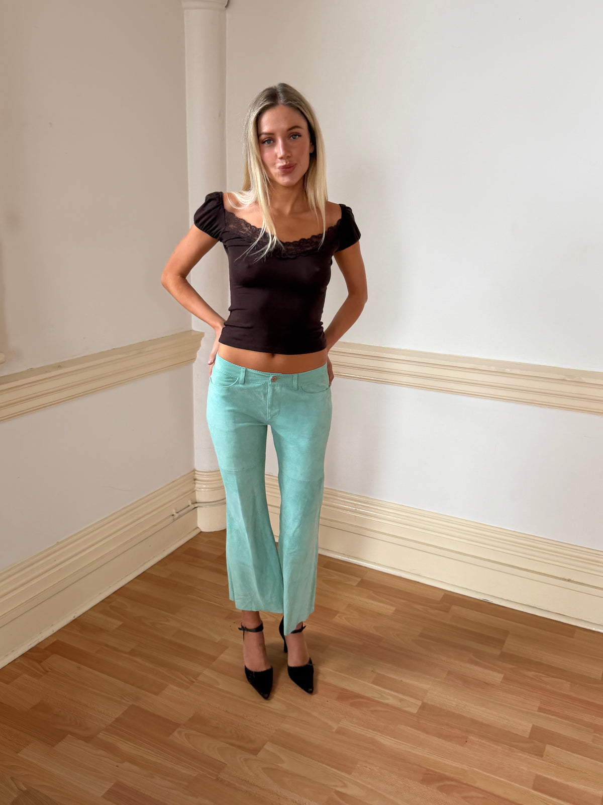 Vintage Aqua Suede Shirt & Low Waist Pants Set (XS)