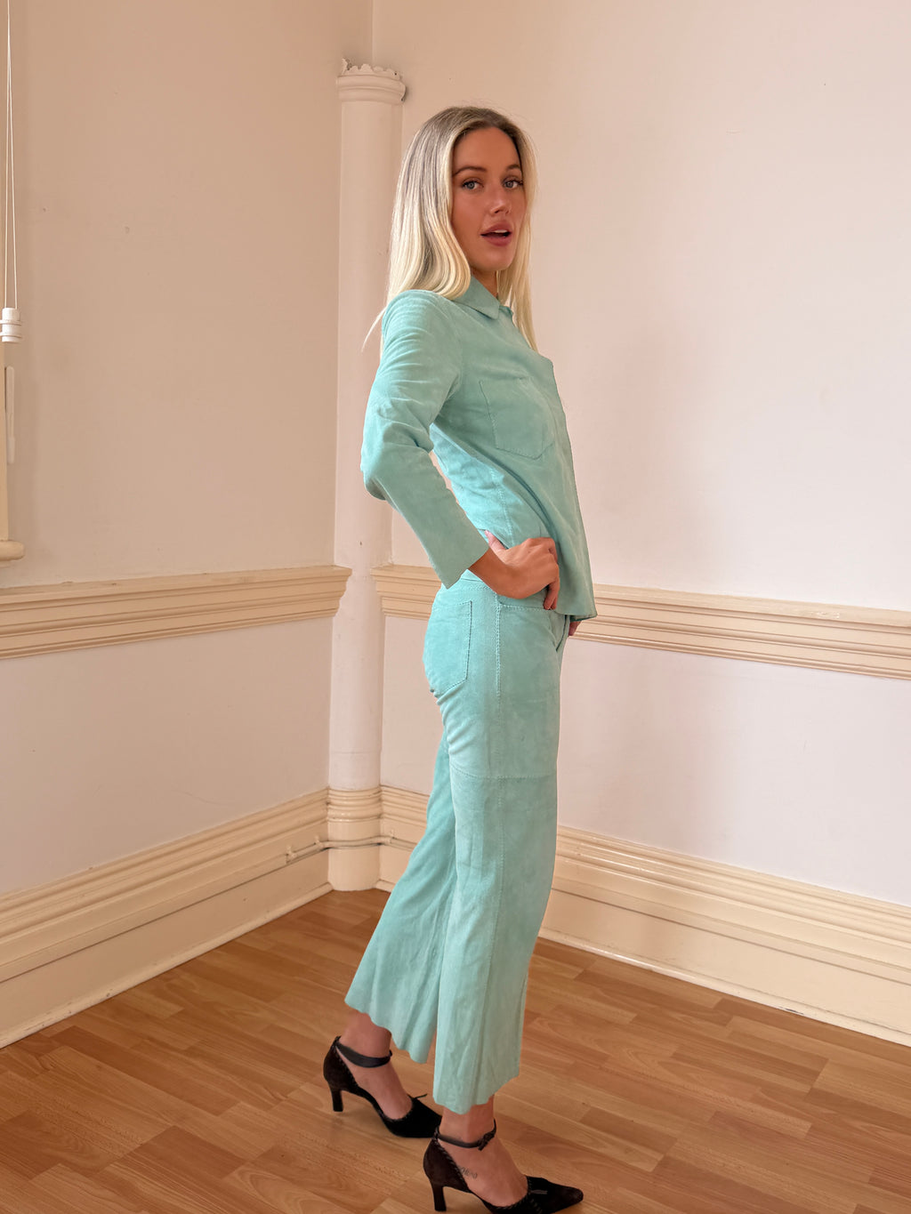 Vintage Aqua Suede Shirt & Low Waist Pants Set (XS)