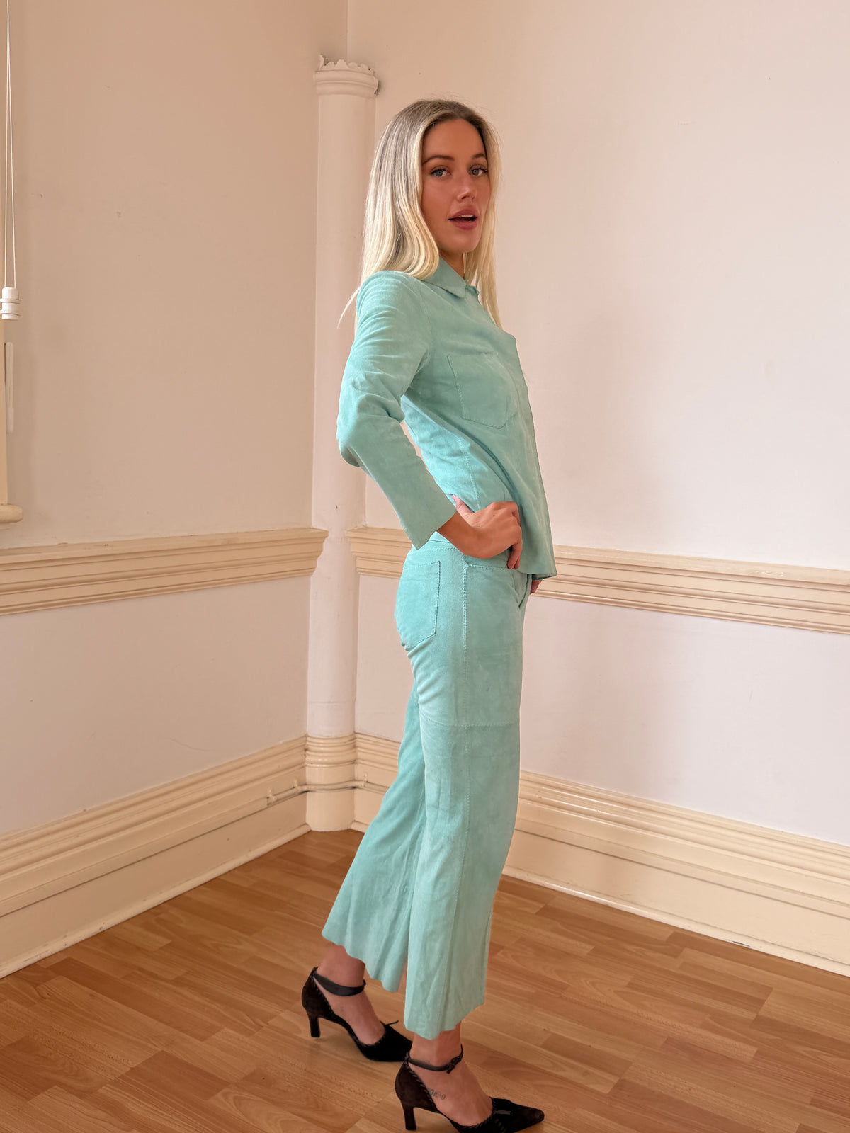 Vintage Aqua Suede Shirt & Low Waist Pants Set (XS)