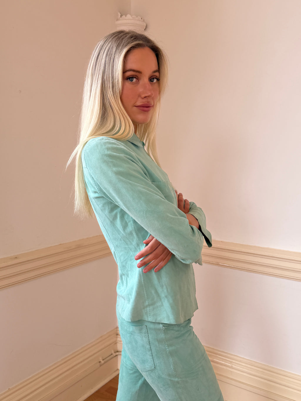 Vintage Aqua Suede Shirt & Low Waist Pants Set (XS)