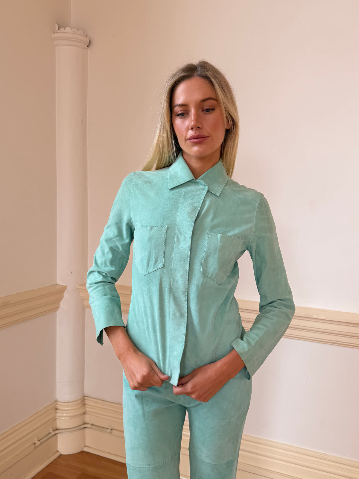 Vintage Aqua Suede Shirt & Low Waist Pants Set (XS)