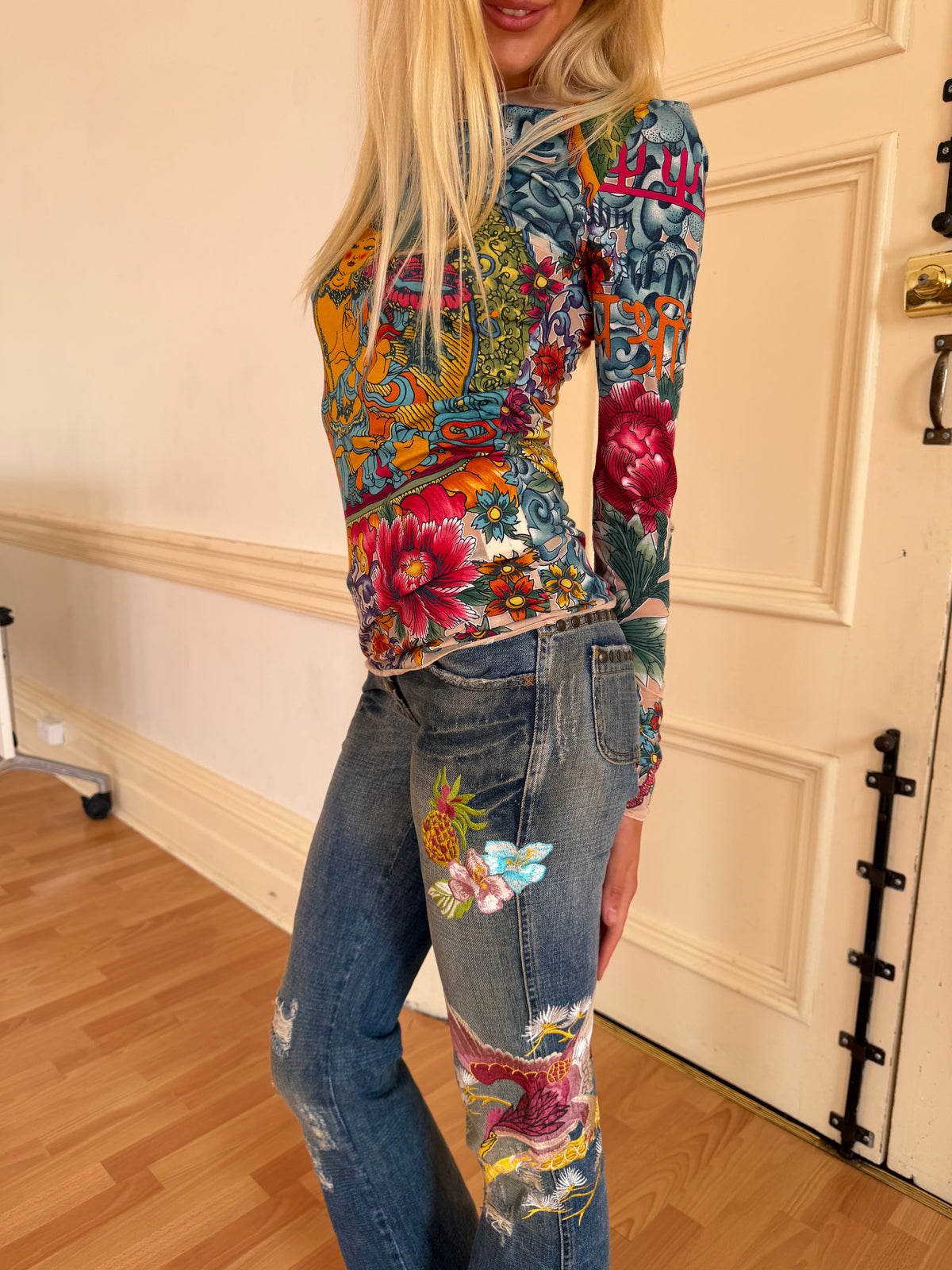 John Galliano SS06 Manjushri and Om Tattoo Print Mesh Top (XS-L)