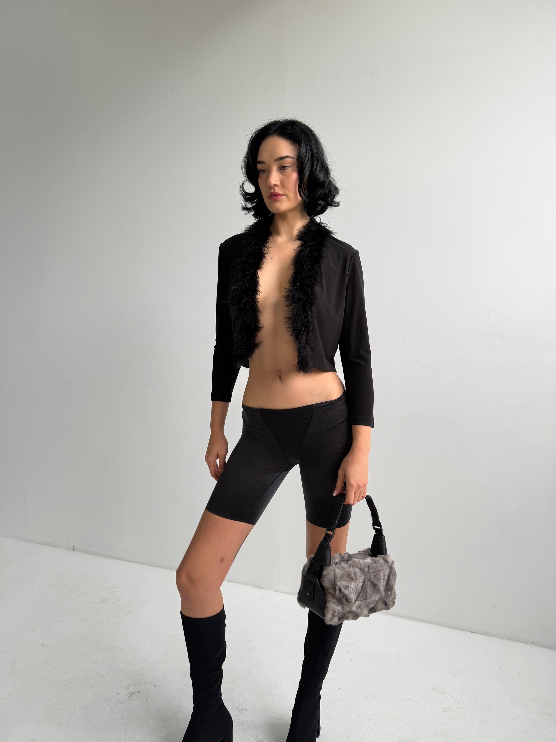 Vintage Calvin Klein Black Fluffy Fur Bolero Cardigan (S)