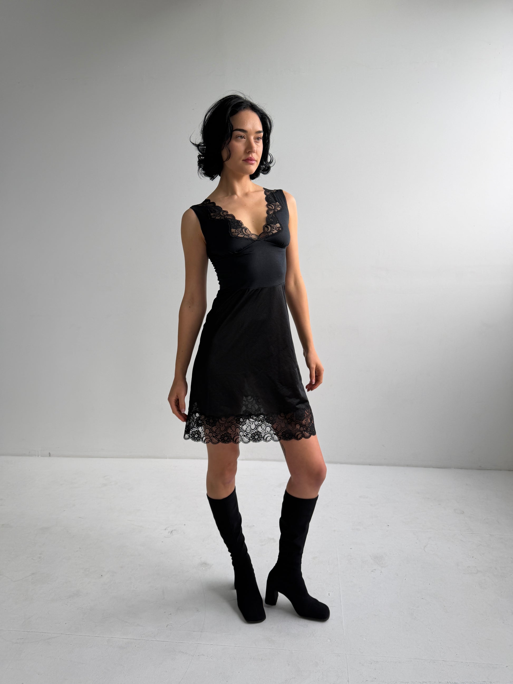 Vintage Black Lace Panel Slip Dress (Fits XS/S)