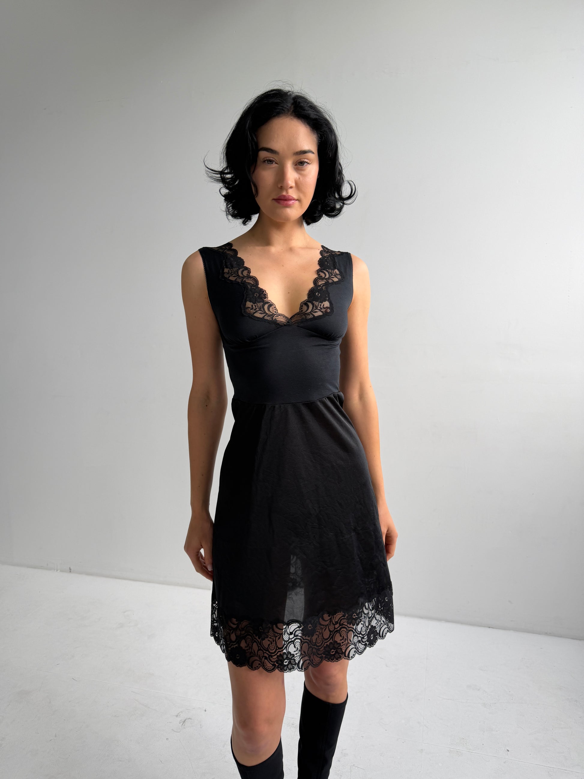 Vintage Black Lace Panel Slip Dress (Fits XS/S)