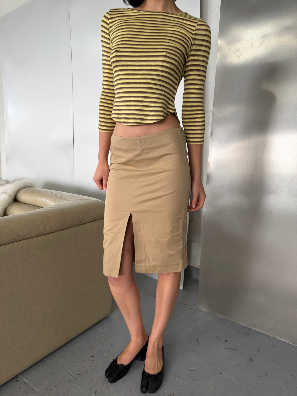 Gucci Vintage Beige Nylon Pencil Skirt with Front Slit (S-L)