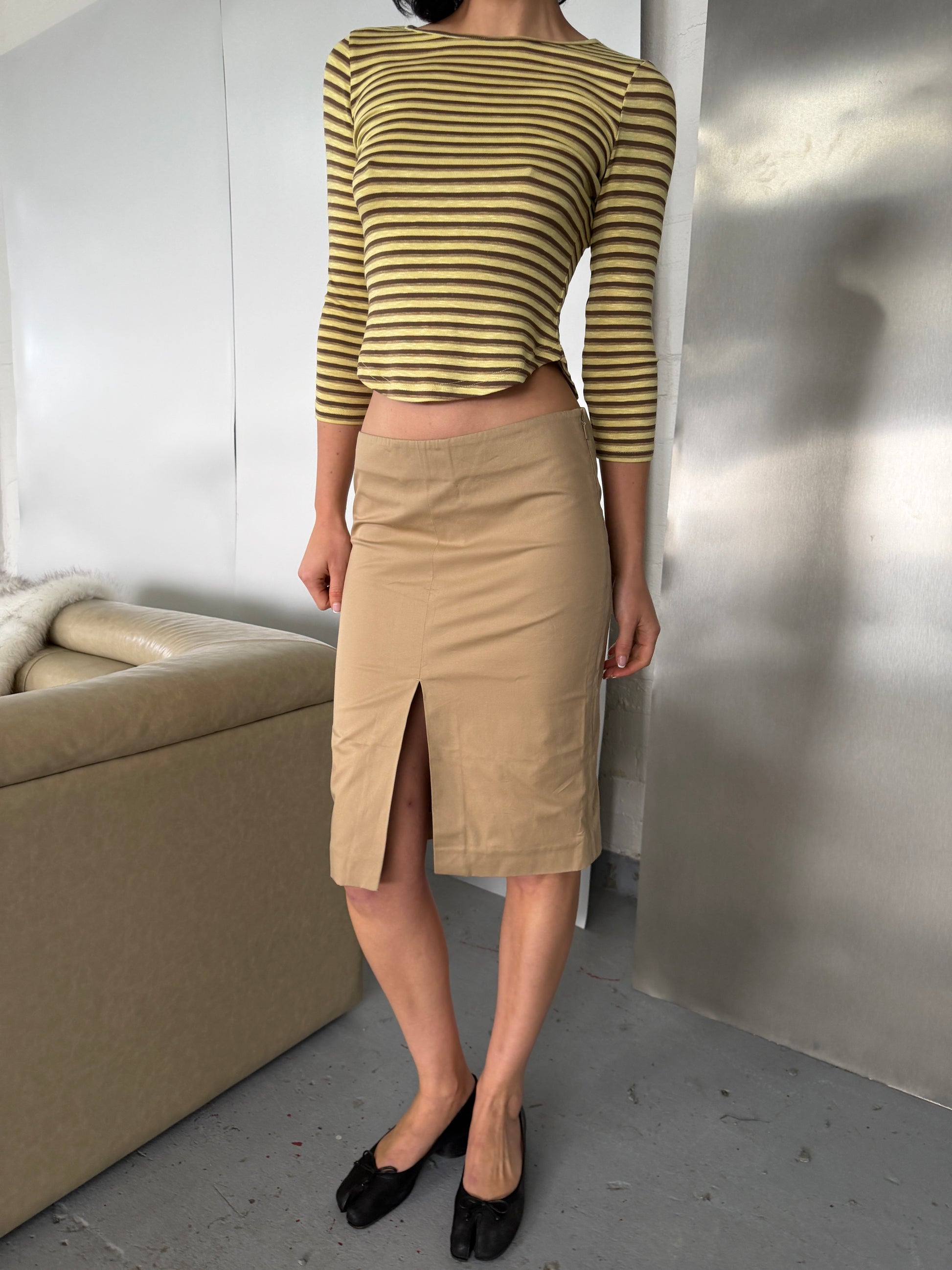 Gucci Vintage Beige Nylon Pencil Skirt with Front Slit (S-L)