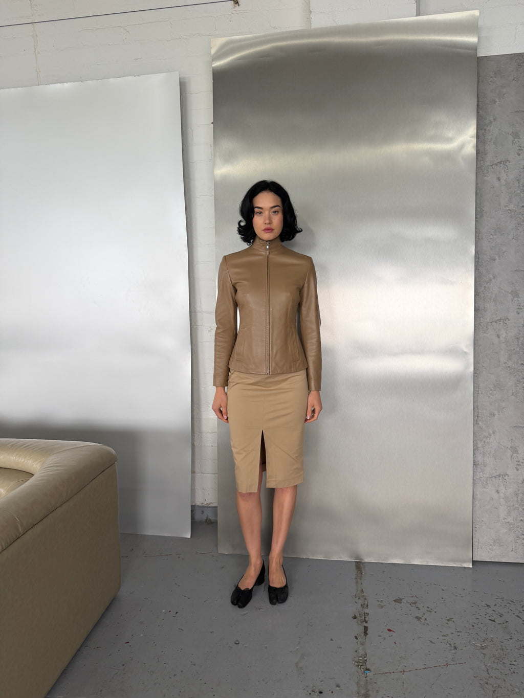 Gucci Vintage Beige Nylon Pencil Skirt with Front Slit (S-L)