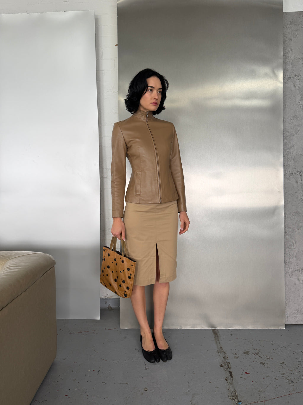 Gucci Vintage Beige Nylon Pencil Skirt with Front Slit (S-L)
