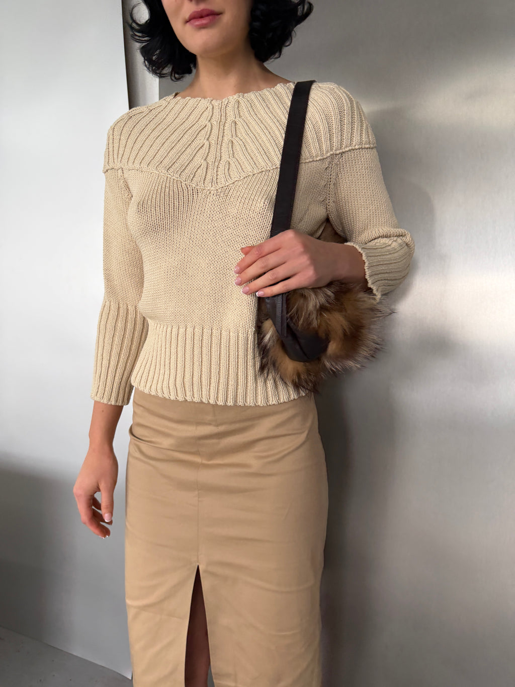 Gucci Vintage Beige Nylon Pencil Skirt with Front Slit (S-L)