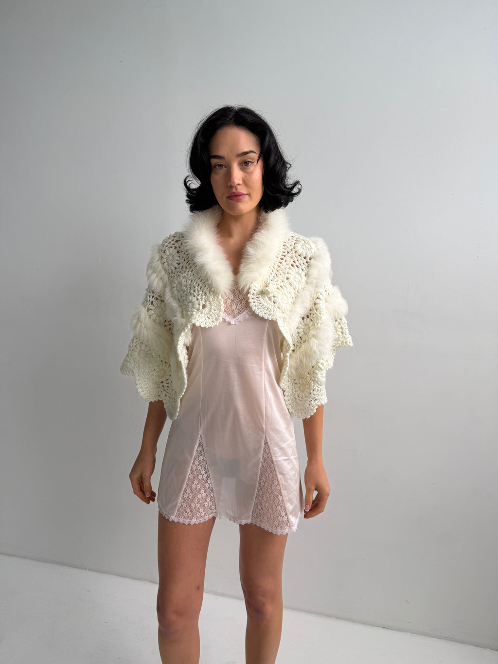 Vintage White Crochet & Faux Fur Shawl