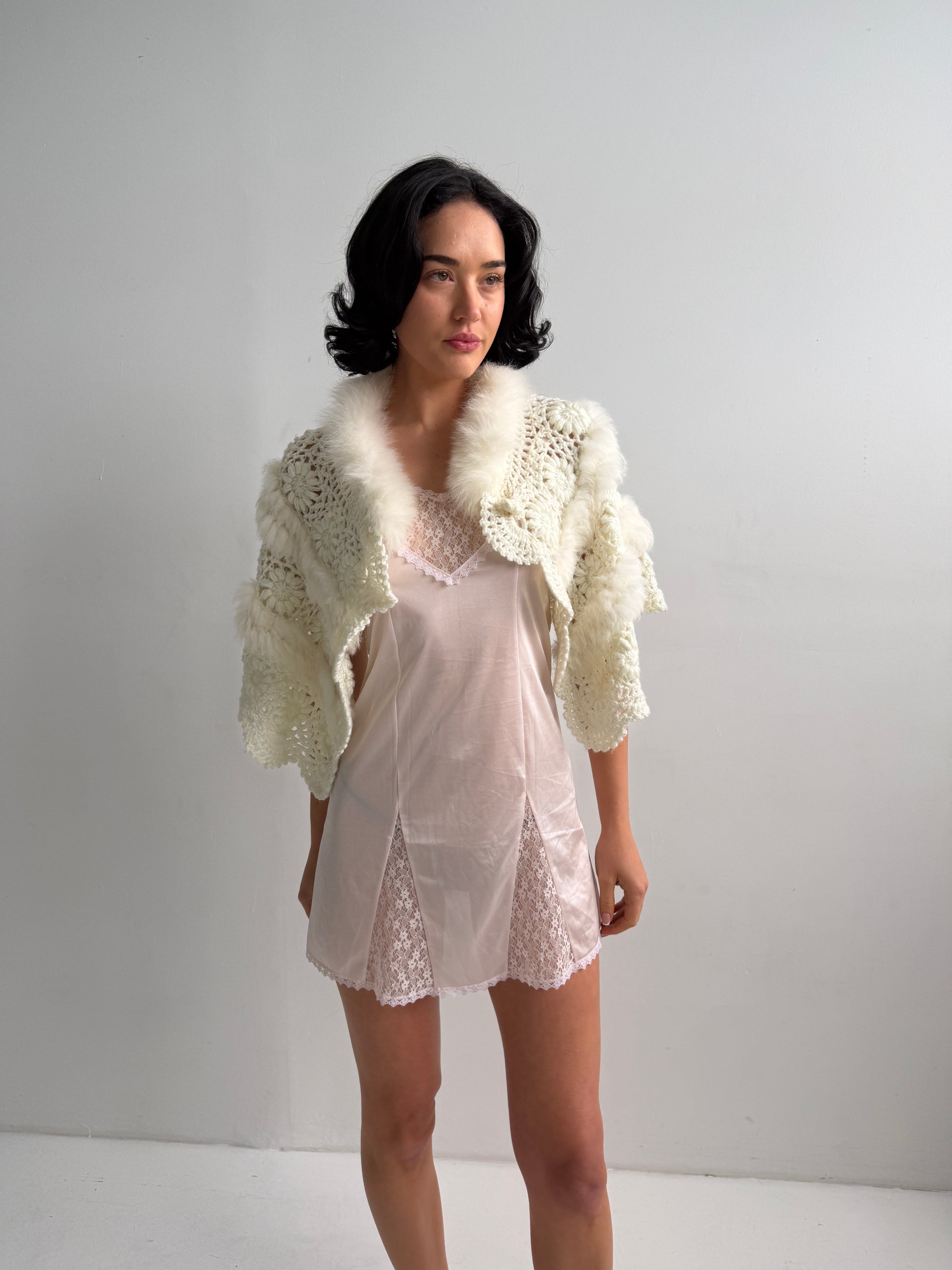 Vintage White Crochet & Faux Fur Shawl