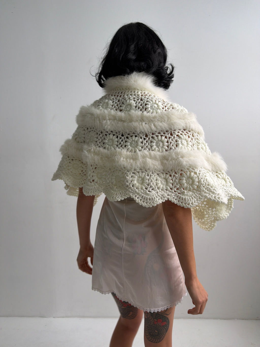 Vintage White Crochet & Faux Fur Shawl