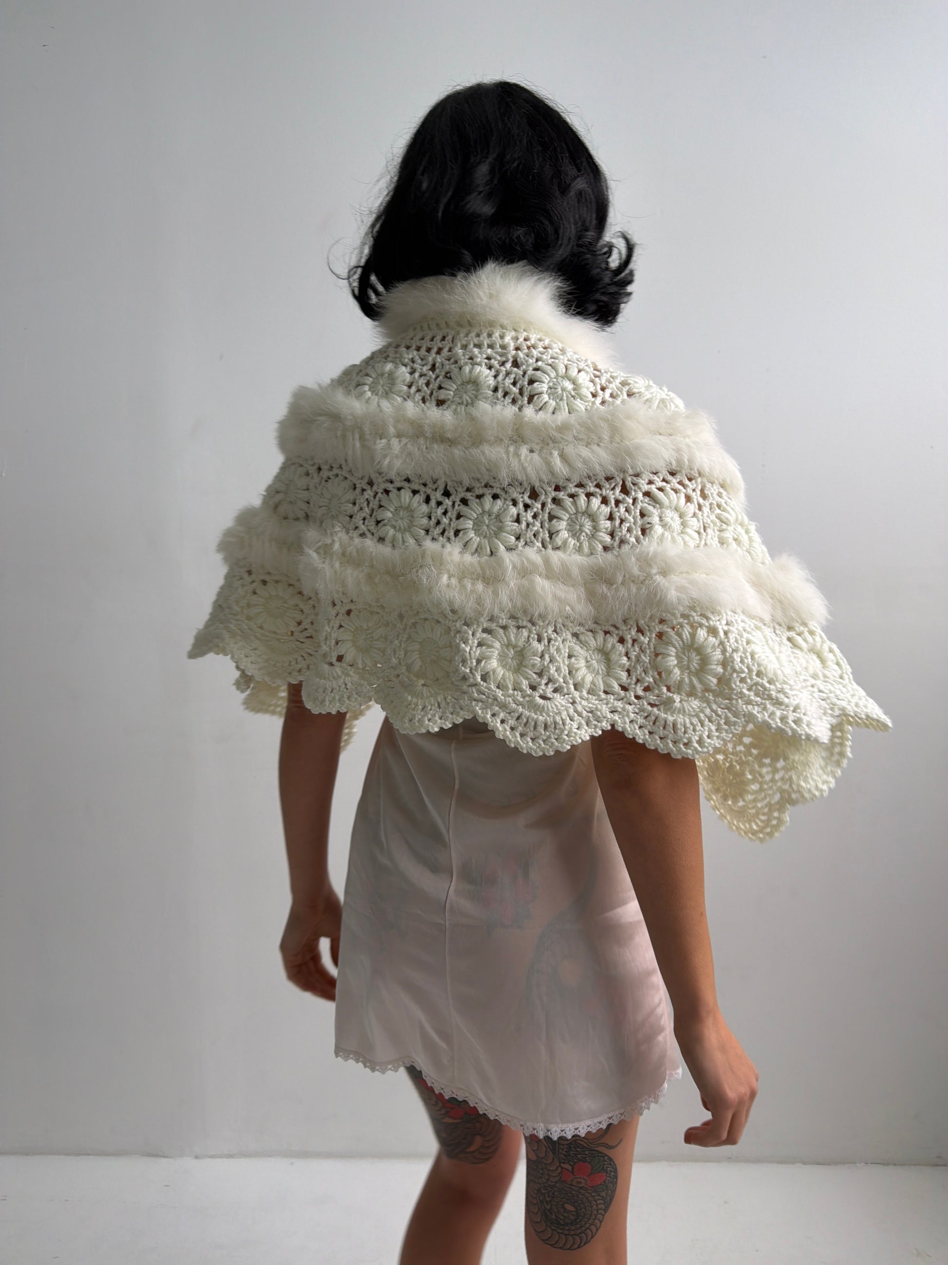 Vintage White Crochet & Faux Fur Shawl