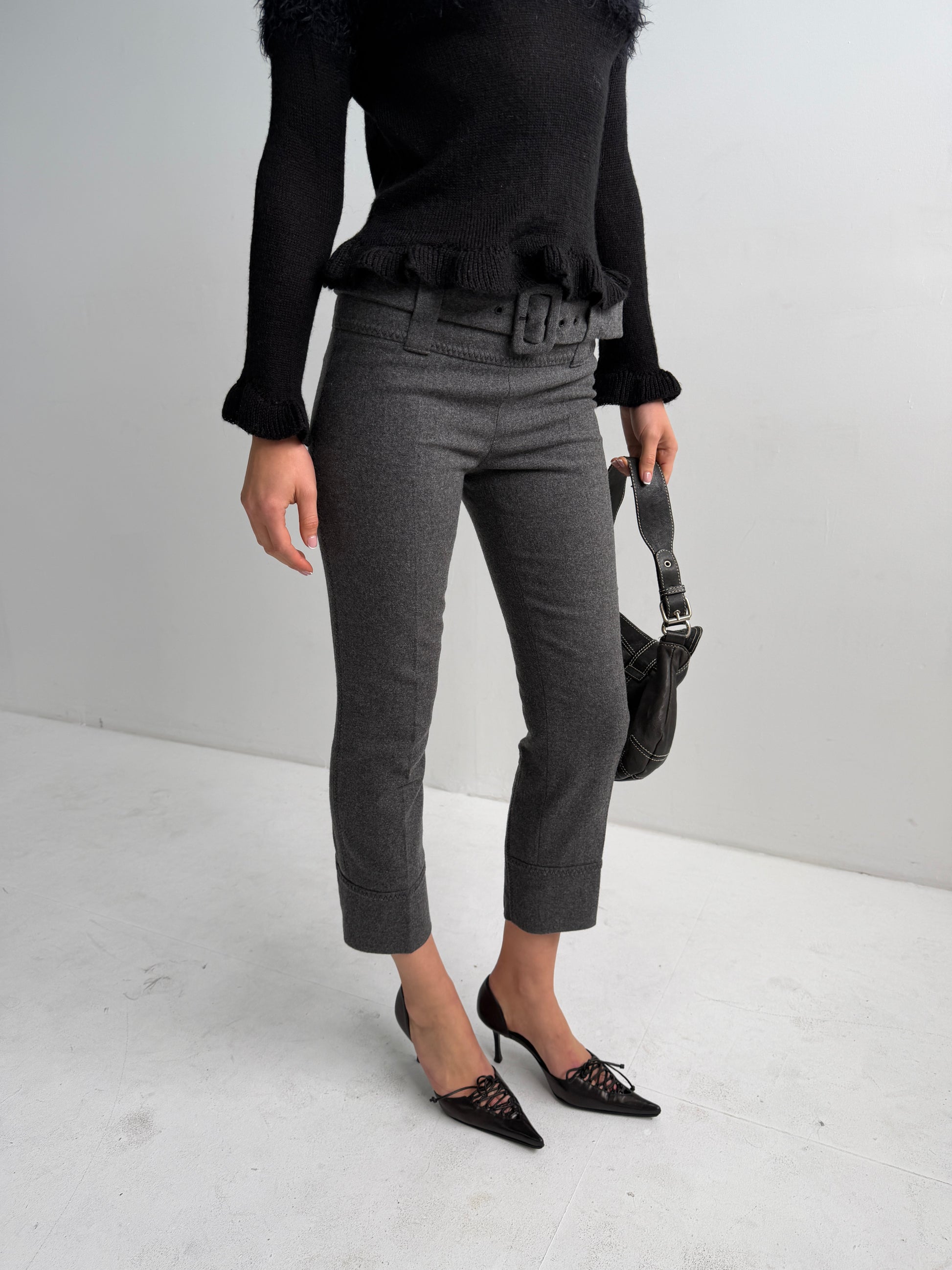 Prada Vintage Grey Wool Cropped Trousers with Matching Belt (XXS/XS)