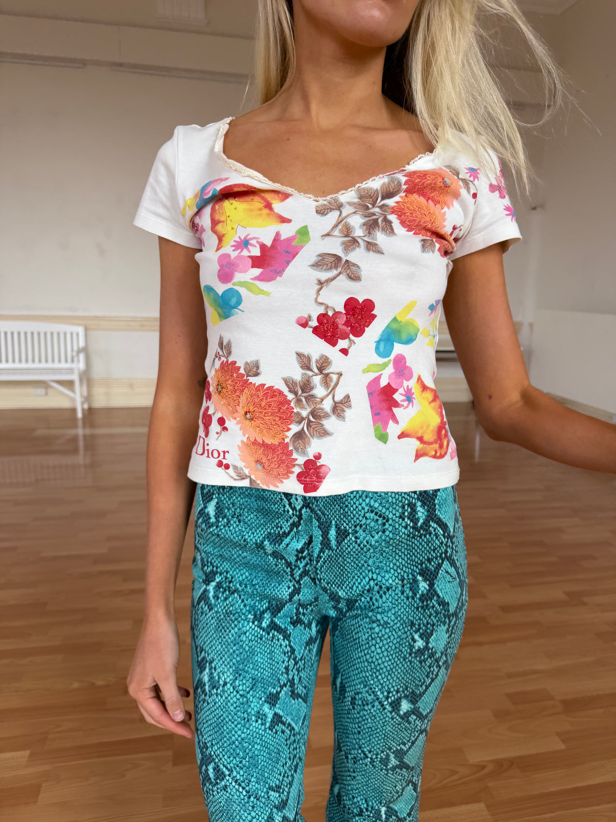 Christian Dior by John Galliano Floral Print Embellished T-Shirt